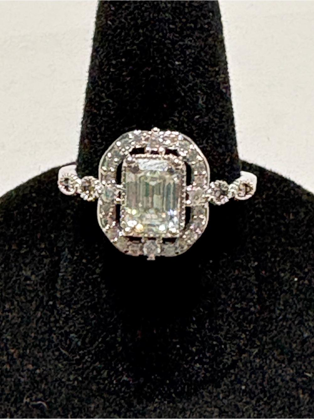 Emerald-Cut Halo Solitaire Ring Moissanite and Silver